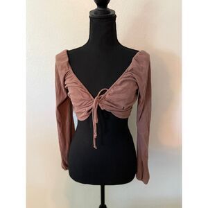 LANE 201 Long Sleeve Ruched Tie Front Crop Top Dusty Rose Size M NO FLAWS NWOT